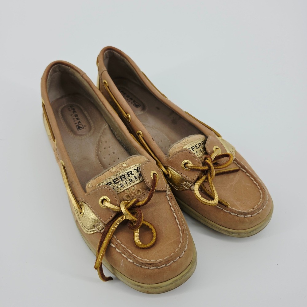 Sperry Top-Sider Boat‎ Shoes Tan Gold Metallic Floral Eyelet Nautical Preppy 7.5